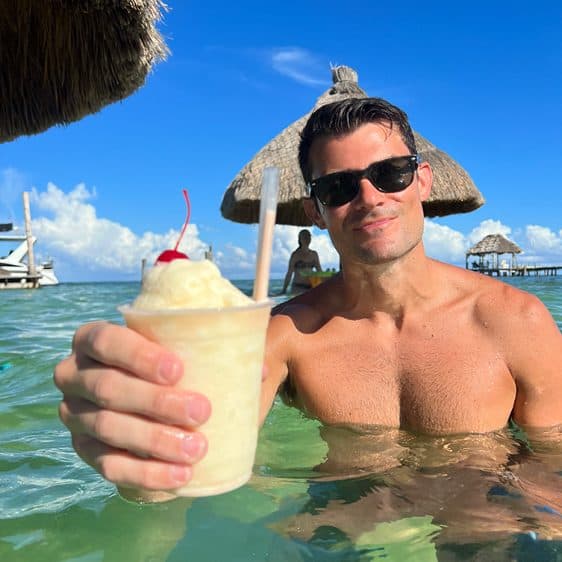 Billy with a frozen drink in the water
