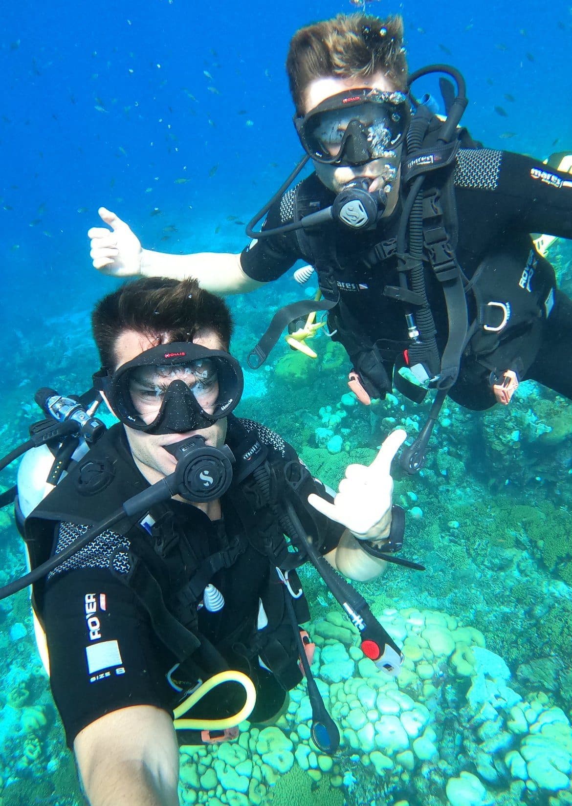 Two scuba divers posing underwater
