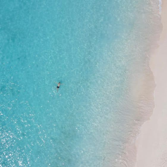A lone swimmer in clear water seen from above