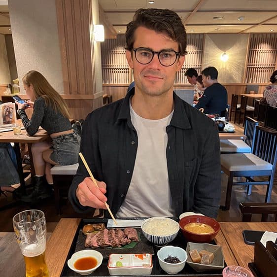 Billy about to dig into a wagyu steak dinner