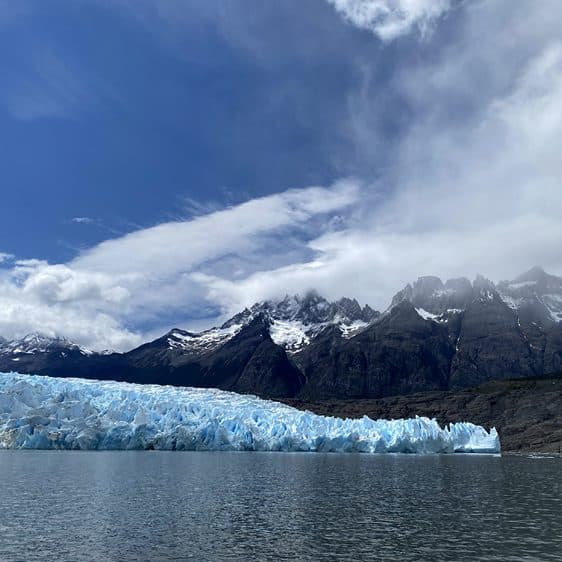 Grey Glacier's blue ice front across the lake